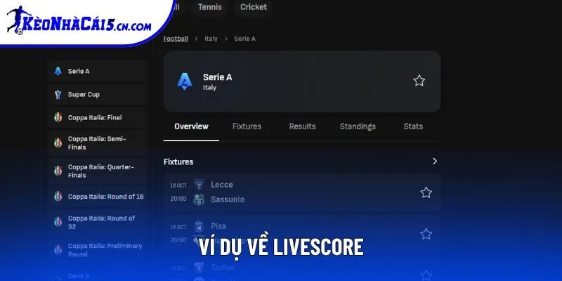 Một ví dụ về một trang Live score tiêu chuẩn Một ví dụ về một trang Live score tiêu chuẩn